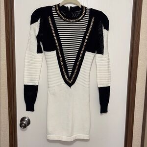 Fashion Nova Black Cream Gold Chain Detail Bodycon Sweater Dress Small Clubwear